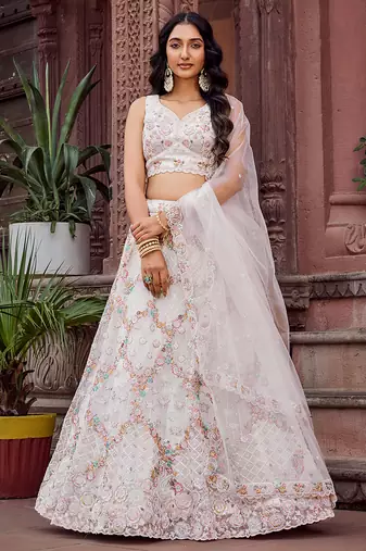 Cream Net Fabric Sequins embroidery Semi Stitched Lehenga & Unstitched Blouse With Dupatta
