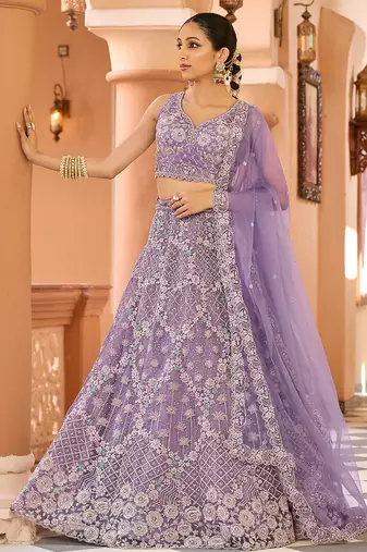 Mauve Net Fabric Sequins embroidery Semi Stitched Lehenga & Unstitched Blouse With Dupatta