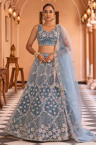 Teal Net Fabric Sequins embroidery Semi Stitched Lehenga & Unstitched Blouse With Dupatta