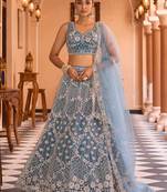 Teal Net Fabric Sequins embroidery Semi Stitched Lehenga & Unstitched Blouse With Dupatta