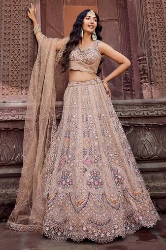 Beige Net Fabric Sequins embroidery Semi Stitched Lehenga & Unstitched Blouse With Dupatta