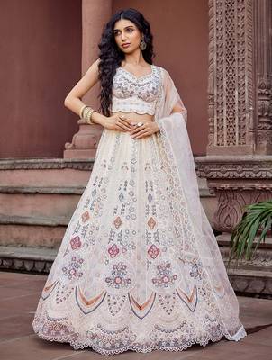 Cream Net Fabric Sequins embroidery Semi Stitched Lehenga & Unstitched Blouse With Dupatta 1