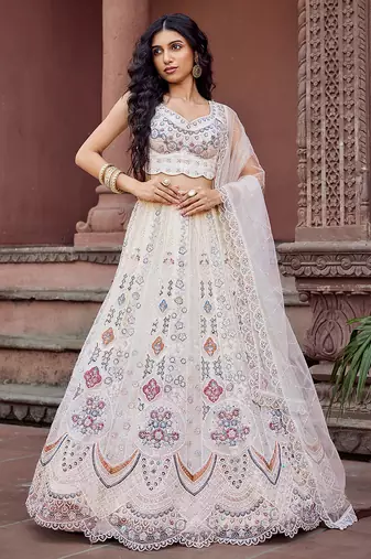 Cream Net Fabric Sequins embroidery Semi Stitched Lehenga & Unstitched Blouse With Dupatta