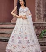 Cream Net Fabric Sequins embroidery Semi Stitched Lehenga & Unstitched Blouse With Dupatta