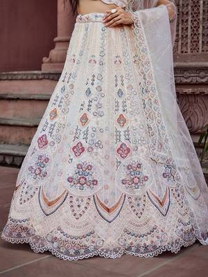 Cream Net Fabric Sequins embroidery Semi Stitched Lehenga & Unstitched Blouse With Dupatta 2