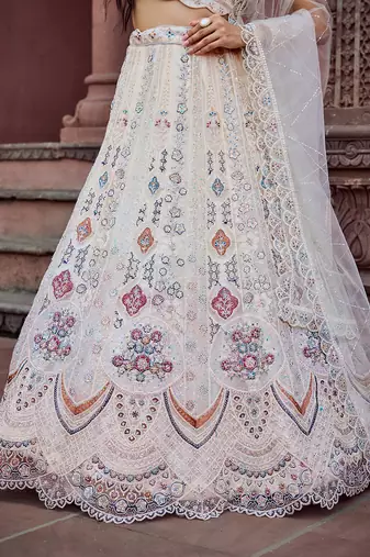Cream Net Fabric Sequins embroidery Semi Stitched Lehenga & Unstitched Blouse With Dupatta