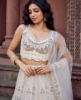 Cream Net Fabric Sequins embroidery Semi Stitched Lehenga & Unstitched Blouse With Dupatta 3