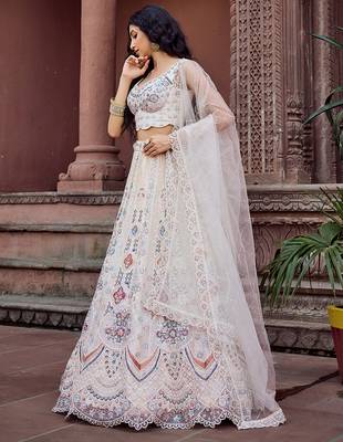 Cream Net Fabric Sequins embroidery Semi Stitched Lehenga & Unstitched Blouse With Dupatta 4