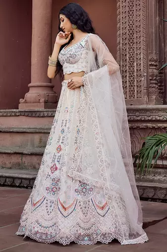 Cream Net Fabric Sequins embroidery Semi Stitched Lehenga & Unstitched Blouse With Dupatta