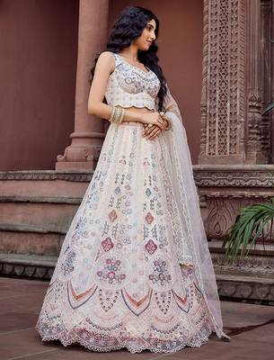 Cream Net Fabric Sequins embroidery Semi Stitched Lehenga & Unstitched Blouse With Dupatta 5