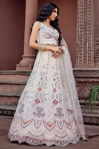 Cream Net Fabric Sequins embroidery Semi Stitched Lehenga & Unstitched Blouse With Dupatta