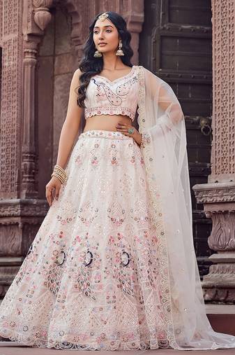 Cream Net Fabric Sequins embroidery Semi Stitched Lehenga & Unstitched Blouse With Dupatta