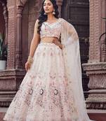 Cream Net Fabric Sequins embroidery Semi Stitched Lehenga & Unstitched Blouse With Dupatta
