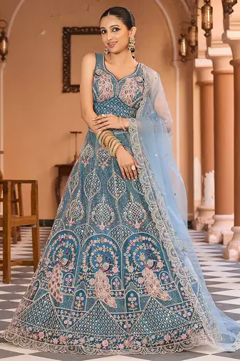 Teal Net Fabric Sequins embroidery Semi Stitched Lehenga & Unstitched Blouse With Dupatta