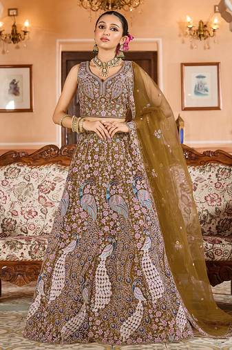 Mustard Net Fabric Sequins embroidery Semi Stitched Lehenga & Unstitched Blouse With Dupatta