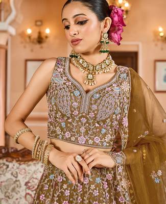Mustard Net Fabric Sequins embroidery Semi Stitched Lehenga & Unstitched Blouse With Dupatta 2