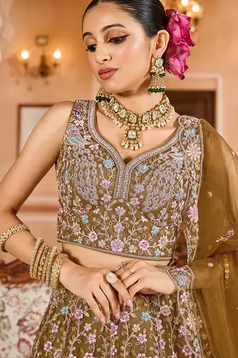 Mustard Net Fabric Sequins embroidery Semi Stitched Lehenga & Unstitched Blouse With Dupatta