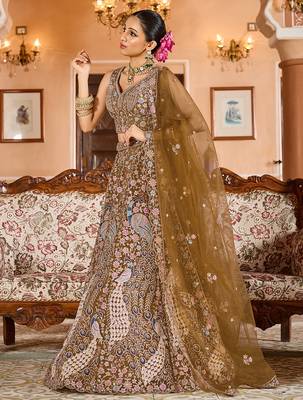 Mustard Net Fabric Sequins embroidery Semi Stitched Lehenga & Unstitched Blouse With Dupatta 3