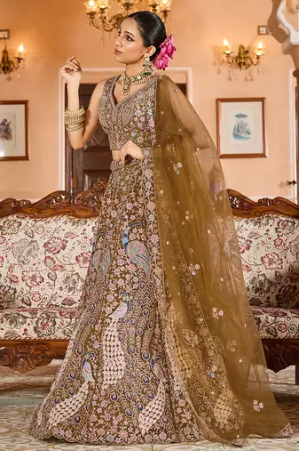 Mustard Net Fabric Sequins embroidery Semi Stitched Lehenga & Unstitched Blouse With Dupatta