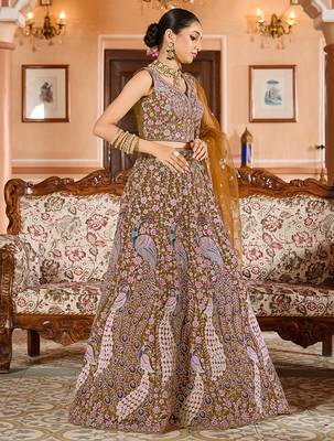 Mustard Net Fabric Sequins embroidery Semi Stitched Lehenga & Unstitched Blouse With Dupatta 4