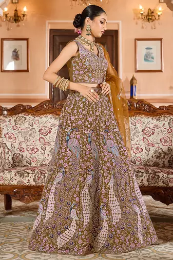 Mustard Net Fabric Sequins embroidery Semi Stitched Lehenga & Unstitched Blouse With Dupatta