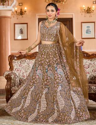 Mustard Net Fabric Sequins embroidery Semi Stitched Lehenga & Unstitched Blouse With Dupatta 5