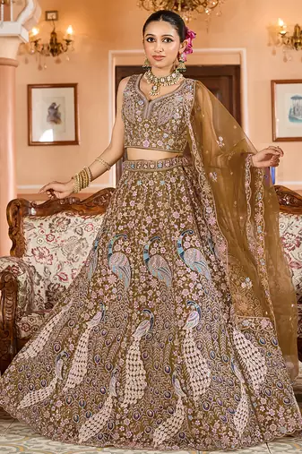 Mustard Net Fabric Sequins embroidery Semi Stitched Lehenga & Unstitched Blouse With Dupatta