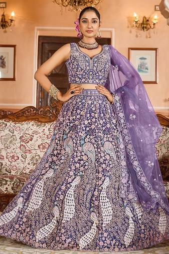 Purple Net Fabric Sequins embroidery Semi Stitched Lehenga & Unstitched Blouse With Dupatta