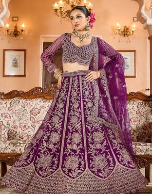 Burgundy Net Fabric Sequins embroidery Semi Stitched Lehenga & Unstitched Blouse With Dupatta 1