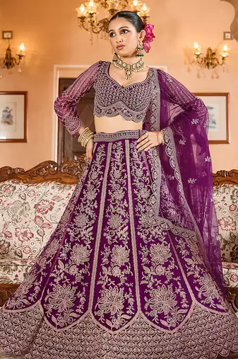 Burgundy Net Fabric Sequins embroidery Semi Stitched Lehenga & Unstitched Blouse With Dupatta