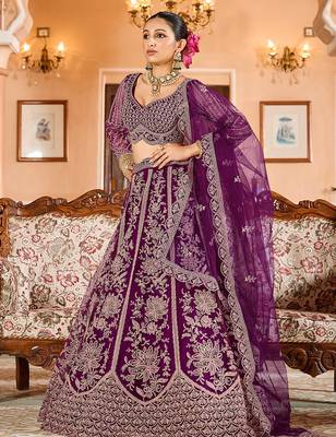 Burgundy Net Fabric Sequins embroidery Semi Stitched Lehenga & Unstitched Blouse With Dupatta 2