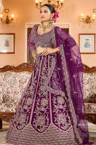 Burgundy Net Fabric Sequins embroidery Semi Stitched Lehenga & Unstitched Blouse With Dupatta