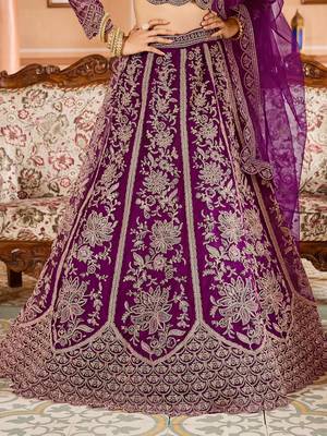 Burgundy Net Fabric Sequins embroidery Semi Stitched Lehenga & Unstitched Blouse With Dupatta 3