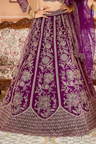 Burgundy Net Fabric Sequins embroidery Semi Stitched Lehenga & Unstitched Blouse With Dupatta