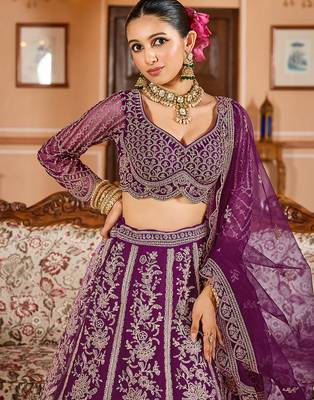 Burgundy Net Fabric Sequins embroidery Semi Stitched Lehenga & Unstitched Blouse With Dupatta 4