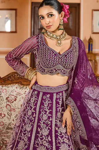 Burgundy Net Fabric Sequins embroidery Semi Stitched Lehenga & Unstitched Blouse With Dupatta