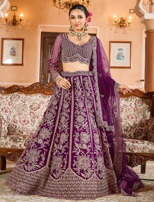 Burgundy Net Fabric Sequins embroidery Semi Stitched Lehenga & Unstitched Blouse With Dupatta 5
