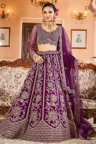 Burgundy Net Fabric Sequins embroidery Semi Stitched Lehenga & Unstitched Blouse With Dupatta
