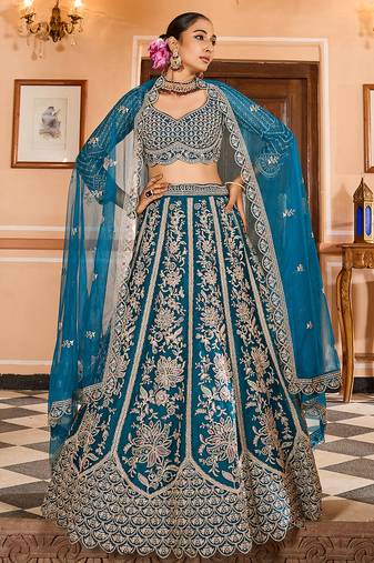 Teal Net Fabric Sequins embroidery Semi Stitched Lehenga & Unstitched Blouse With Dupatta