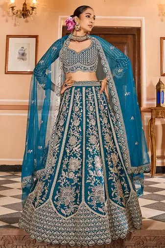 Teal Net Fabric Sequins embroidery Semi Stitched Lehenga & Unstitched Blouse With Dupatta