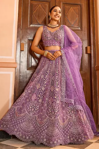 Lavender Net Fabric Sequins embroidery Semi Stitched Lehenga & Unstitched Blouse With Dupatta