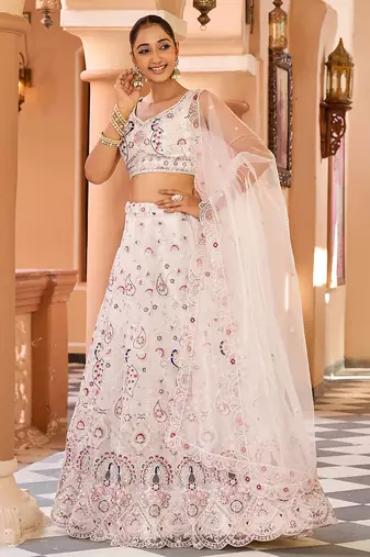 Cream Net Fabric Sequins embroidery Semi Stitched Lehenga & Unstitched Blouse With Dupatta