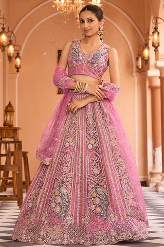 Lavender Net Fabric Sequins embroidery Semi Stitched Lehenga & Unstitched Blouse With Dupatta