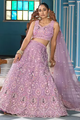 Mauve Net Fabric Sequins embroidery Semi Stitched Lehenga & Unstitched Blouse With Dupatta