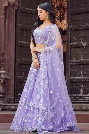 Mauve Net Fabric Sequins embroidery Semi Stitched Lehenga & Unstitched Blouse With Dupatta