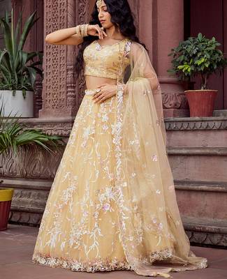 Yellow Net Fabric Sequins embroidery Semi Stitched Lehenga & Unstitched Blouse With Dupatta 1