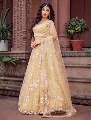 Yellow Net Fabric Sequins embroidery Semi Stitched Lehenga & Unstitched Blouse With Dupatta 2