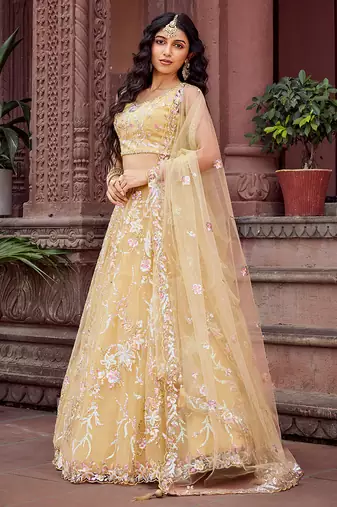 Yellow Net Fabric Sequins embroidery Semi Stitched Lehenga & Unstitched Blouse With Dupatta