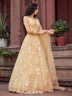 Yellow Net Fabric Sequins embroidery Semi Stitched Lehenga & Unstitched Blouse With Dupatta 3