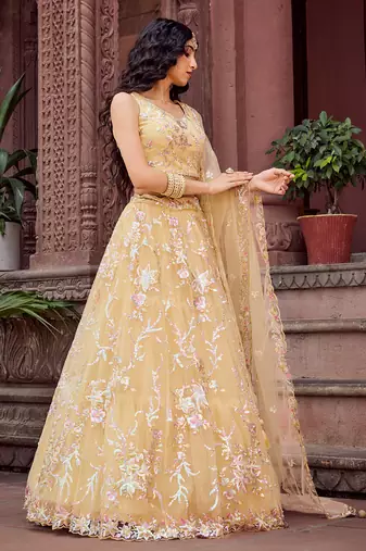 Yellow Net Fabric Sequins embroidery Semi Stitched Lehenga & Unstitched Blouse With Dupatta